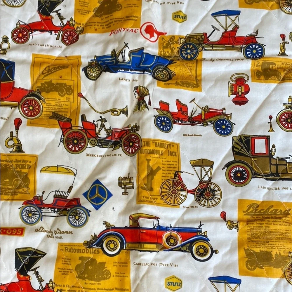 Vintage Car Print Quilt with Red and Black Border Cottagecore Retro Prairie